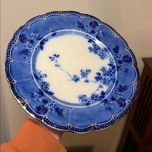 Antique Lugano Floral Late 1800s Flow Blue and White Gold Rim Porcelain Plate